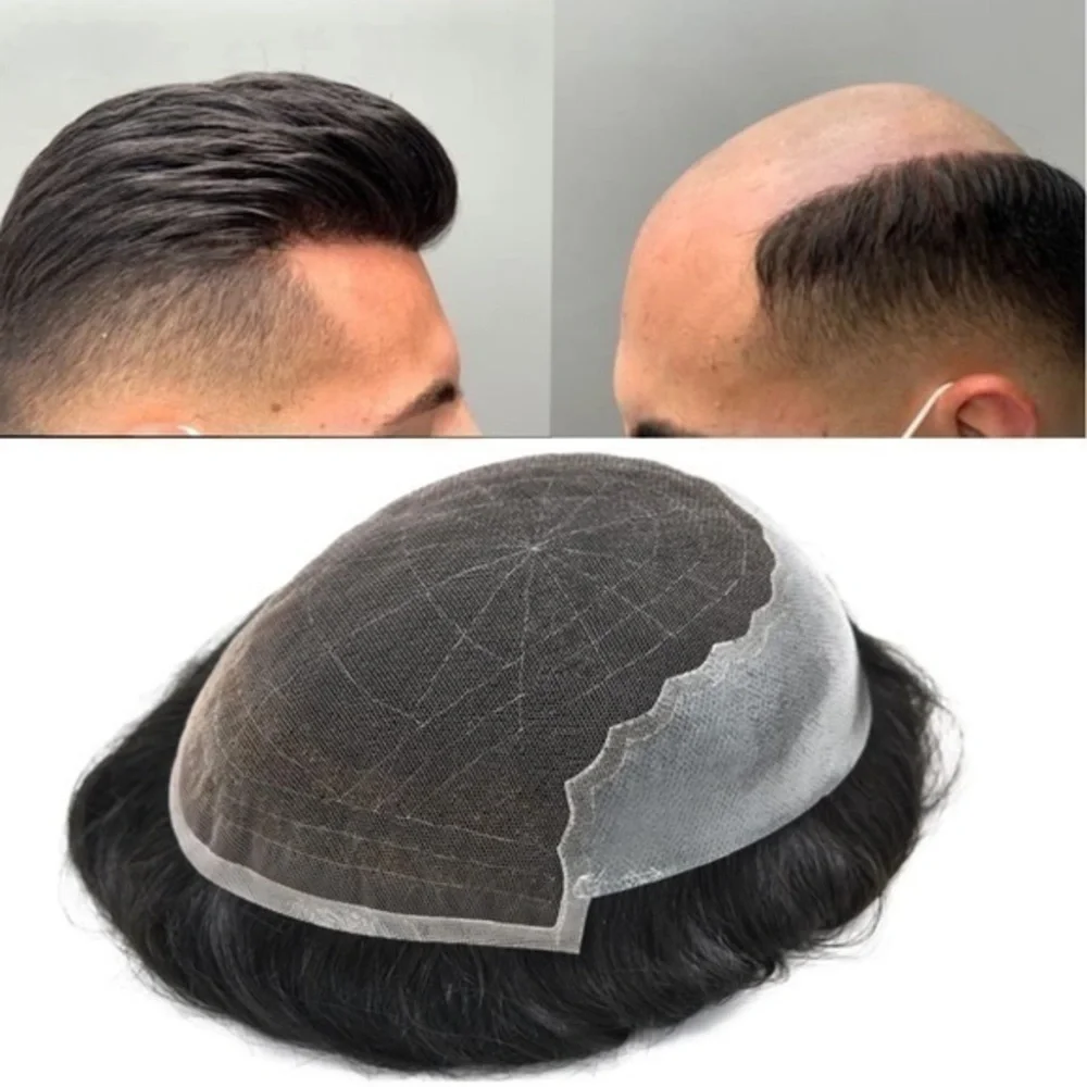 6x9 Off Black #1B Mens Toupee Thin Skin PU & French Lace 120% Density It#ND